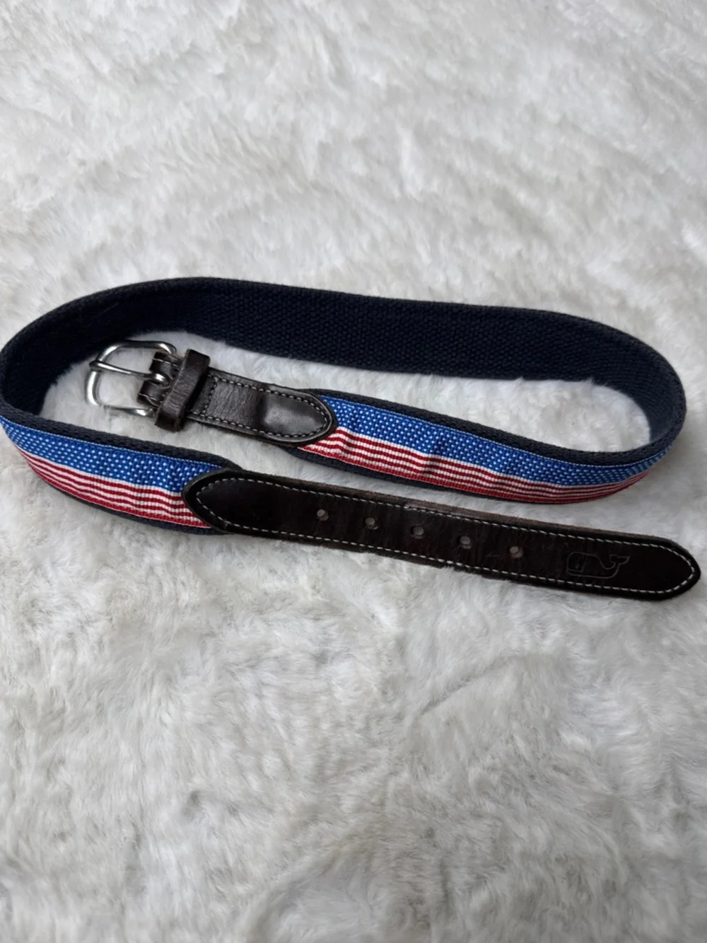 Vineyard Vines Brown Leather American Flag Web Belt Kids 30 Made USA Brass Buckl